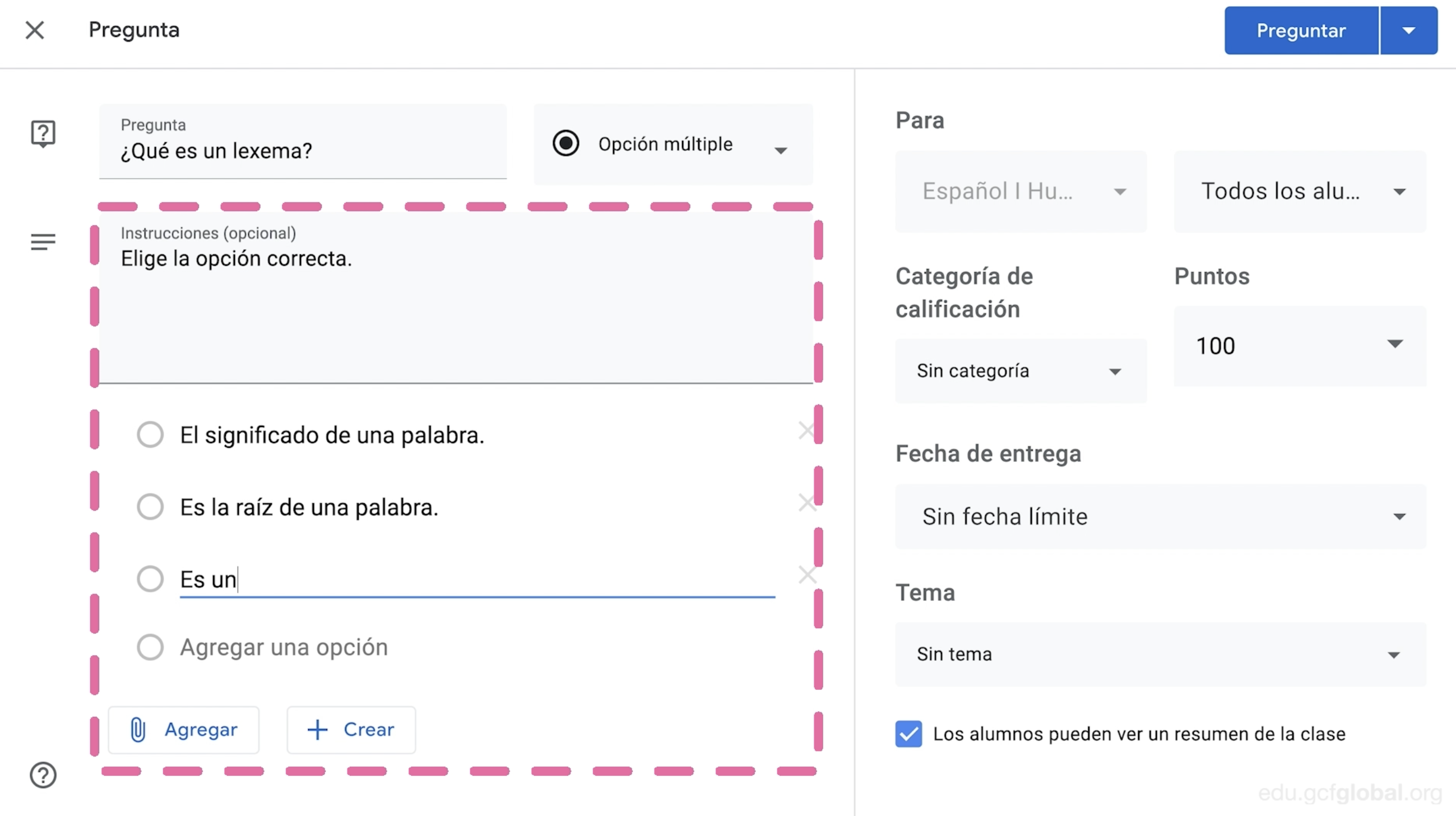 Realizar pregunta como opción de tarea en Google Classroom